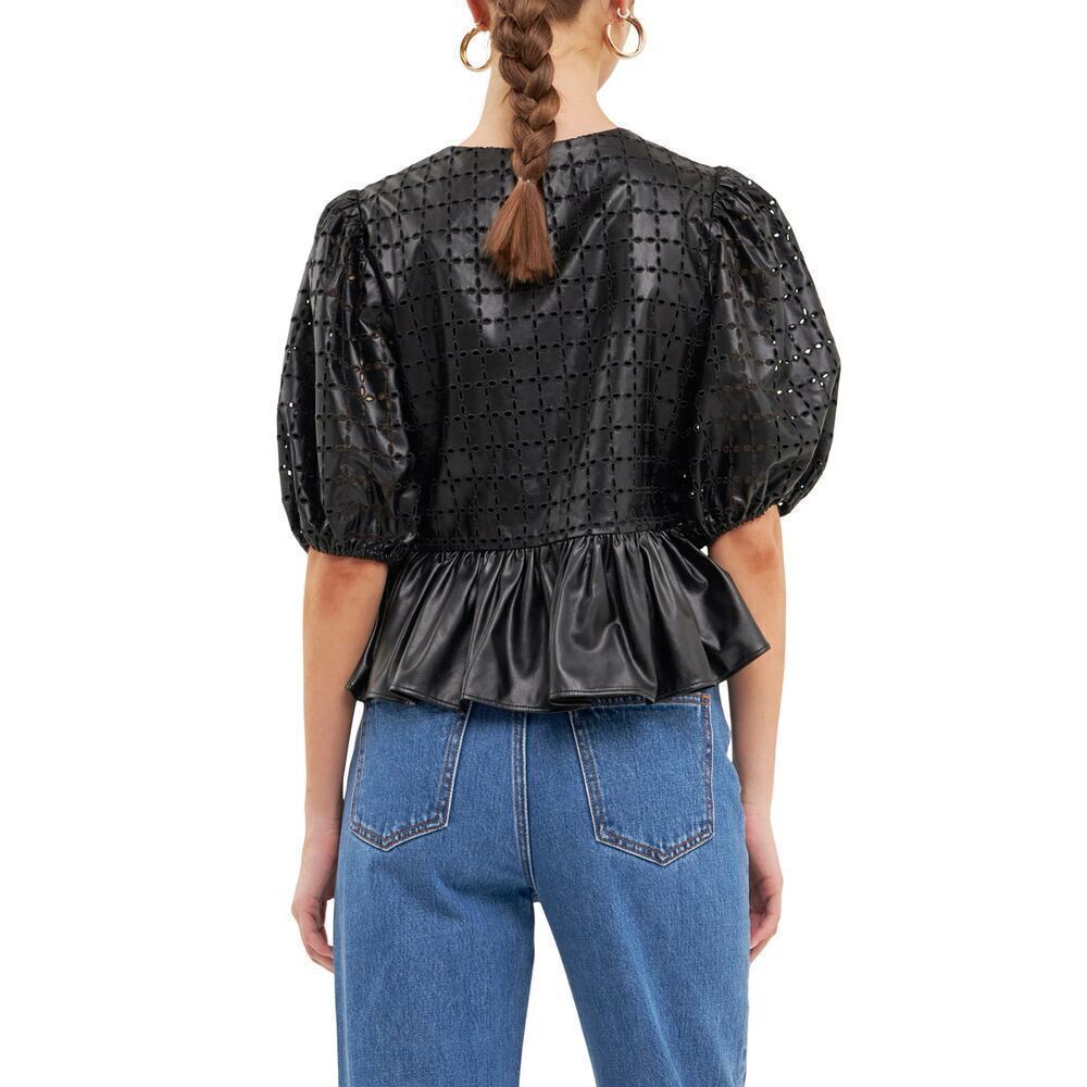 English Factory puff sleeve eyelet faux leather top sz small